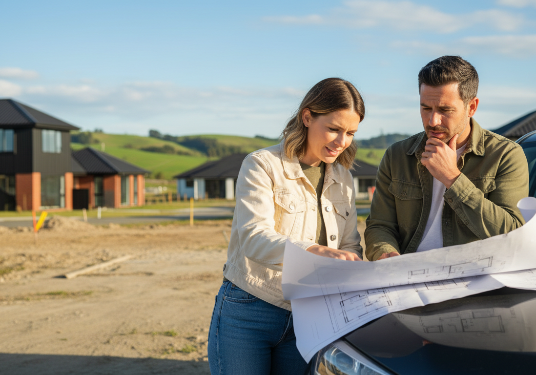 young couple look at house plans