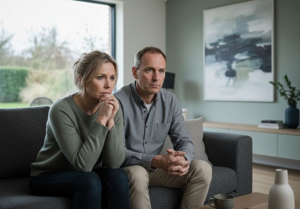 anxious couple in their home