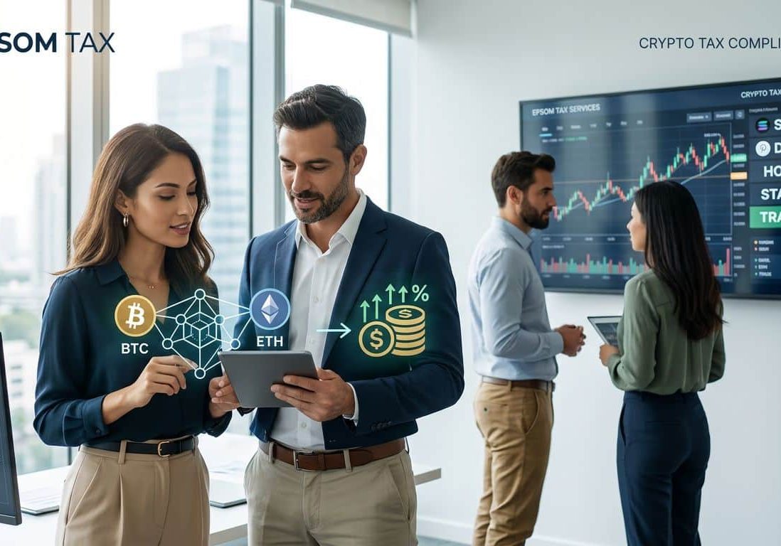 Cryptocurrency tax compliance and investment analysis with Bitcoin, Ethereum, staking, holding and trading concepts displayed in a modern accounting office.