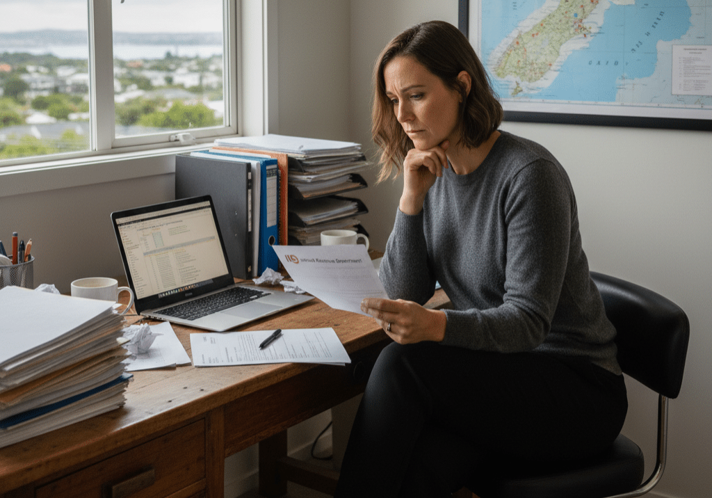 A New Zealand property investor sitting at a table, looking concerned while reading a letter from Inland Revenue.