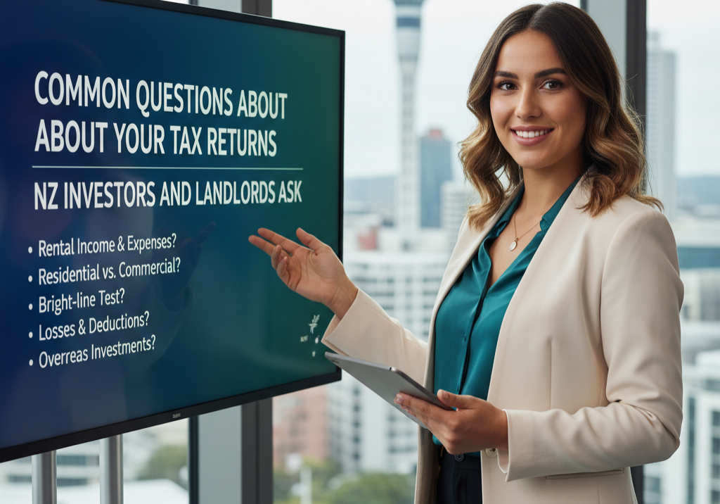 a young businesswoman gestures to a screen which has the words common questions about your tax returns