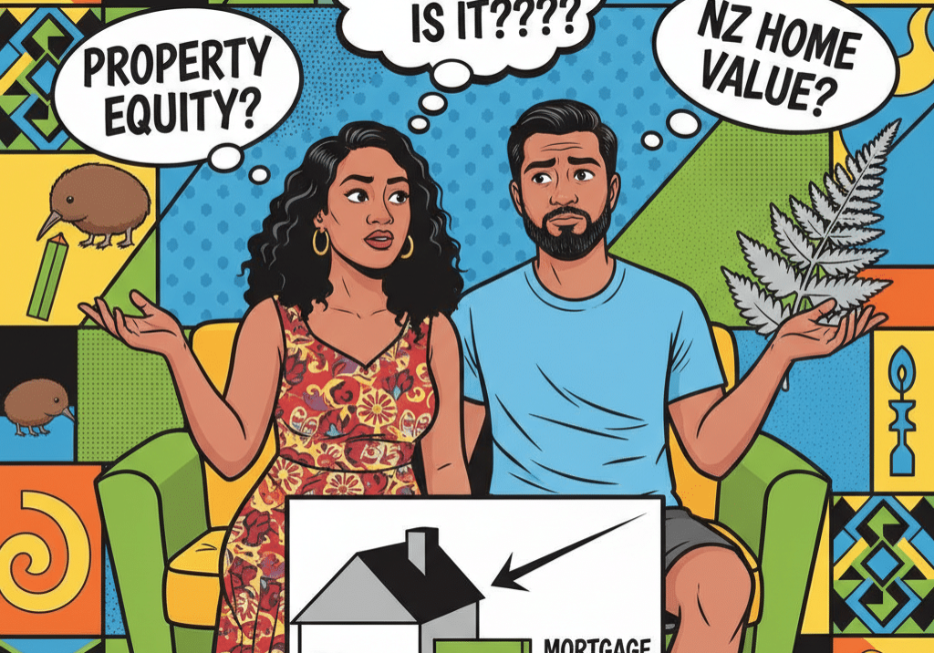 Illustrated couple looking puzzled with thought bubbles reading "Property Equity?", "What Is It????" and "NZ Home Value?", alongside a diagram of a house showing mortgage owed and ownership share, set against a New Zealand-themed pattern background.