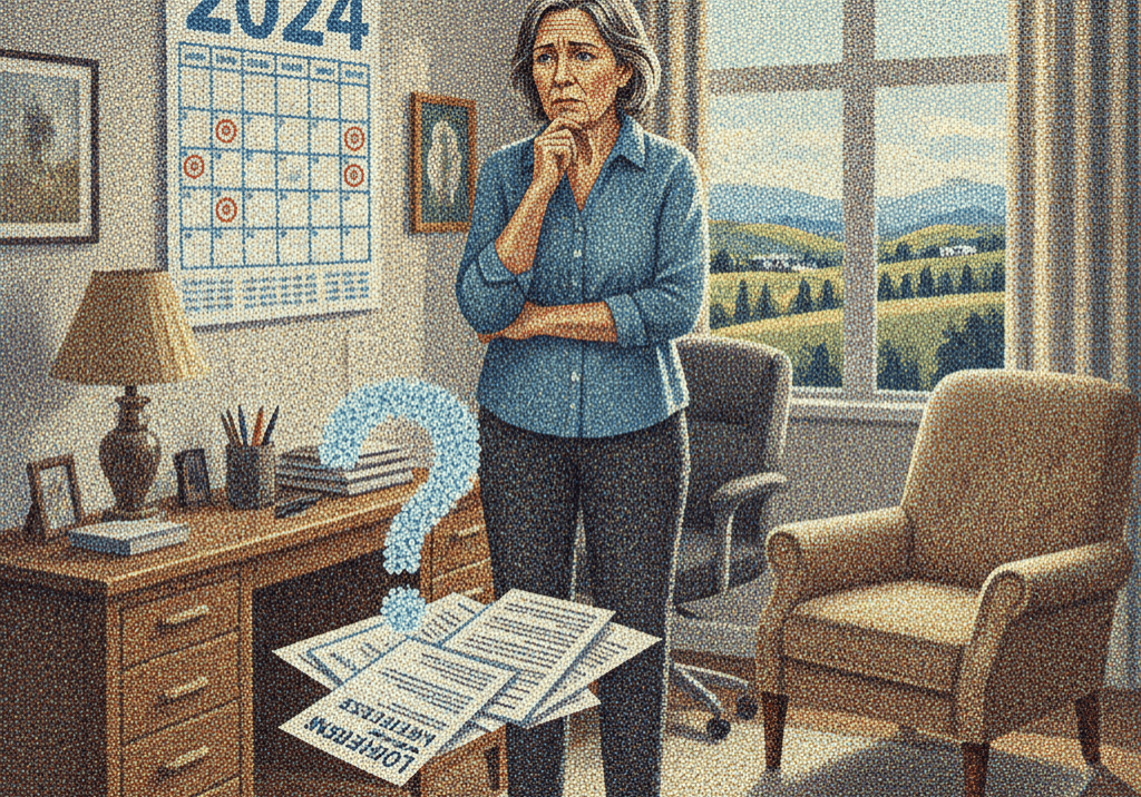 Woman standing thoughtfully in a home office with a 2024 calendar showing marked dates, looking at mortgage paperwork on the floor with a question mark above it, representing uncertainty about where NZ interest rates are heading.