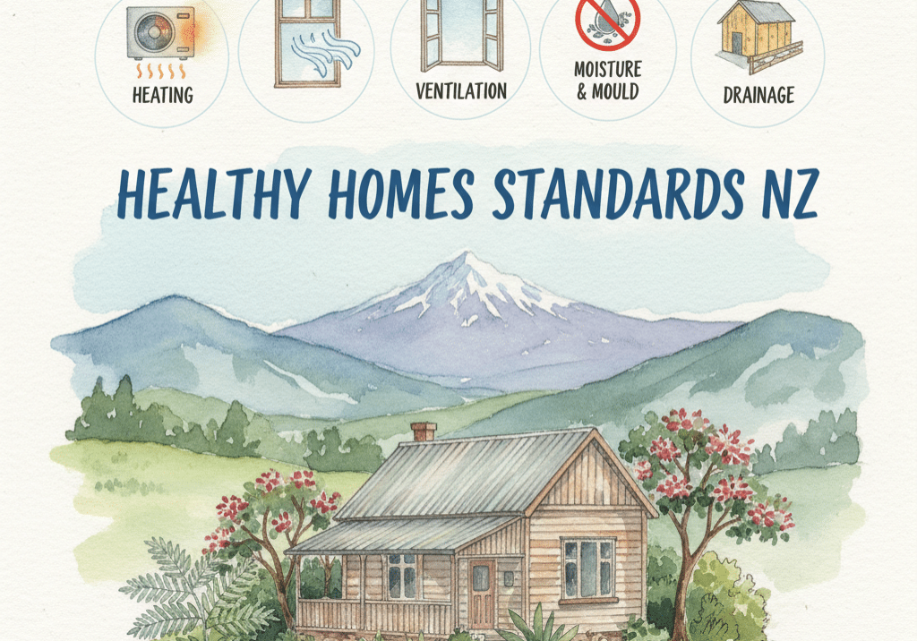 Illustration of a New Zealand cottage with mountains in the background, headed "Healthy Homes Standards NZ" with icons for the five compliance areas: heating, ventilation, moisture and mould, and drainage.