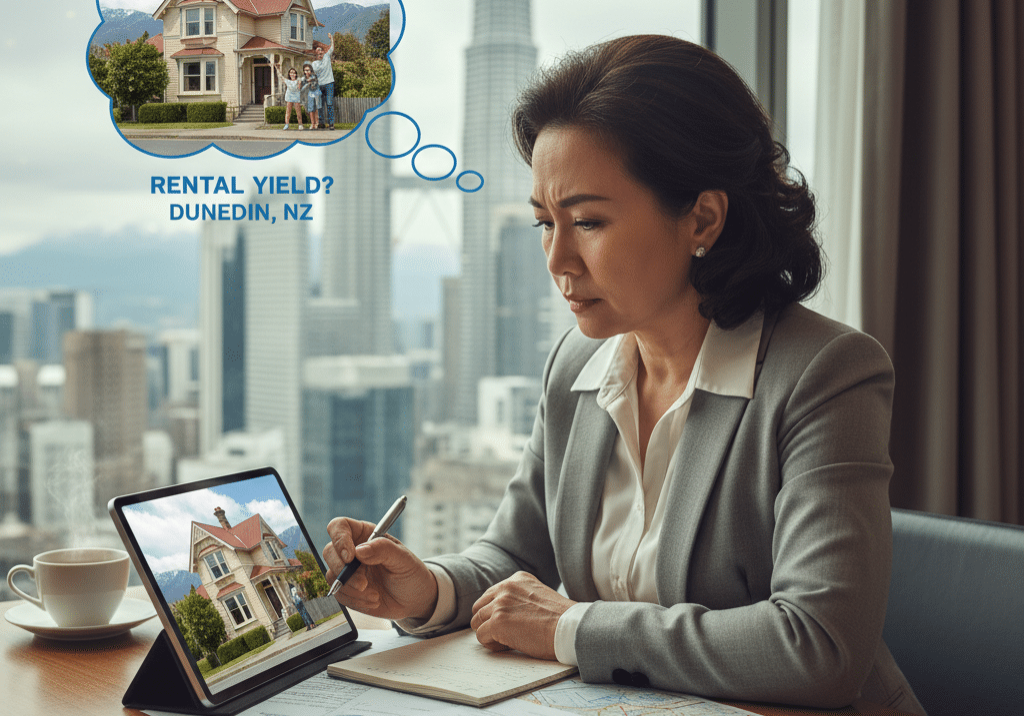 Woman working at a desk overlooking a city skyline, reviewing property documents and a tablet showing a New Zealand villa, with a thought bubble reading "Rental Yield? Dunedin, NZ" — representing a Malaysia-based investor considering an NZ rental property.
