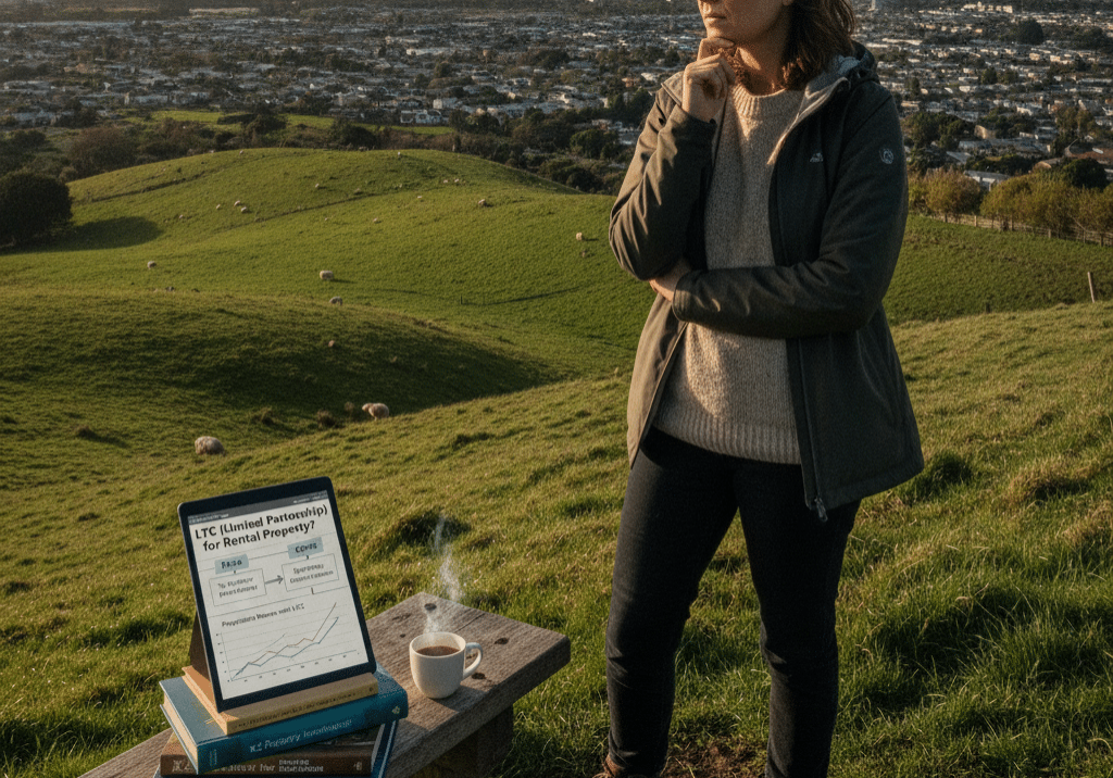 Property investor comparing an LTC, partnership and other ownership structures for a New Zealand rental property while reviewing investment and tax planning options overlooking Auckland.