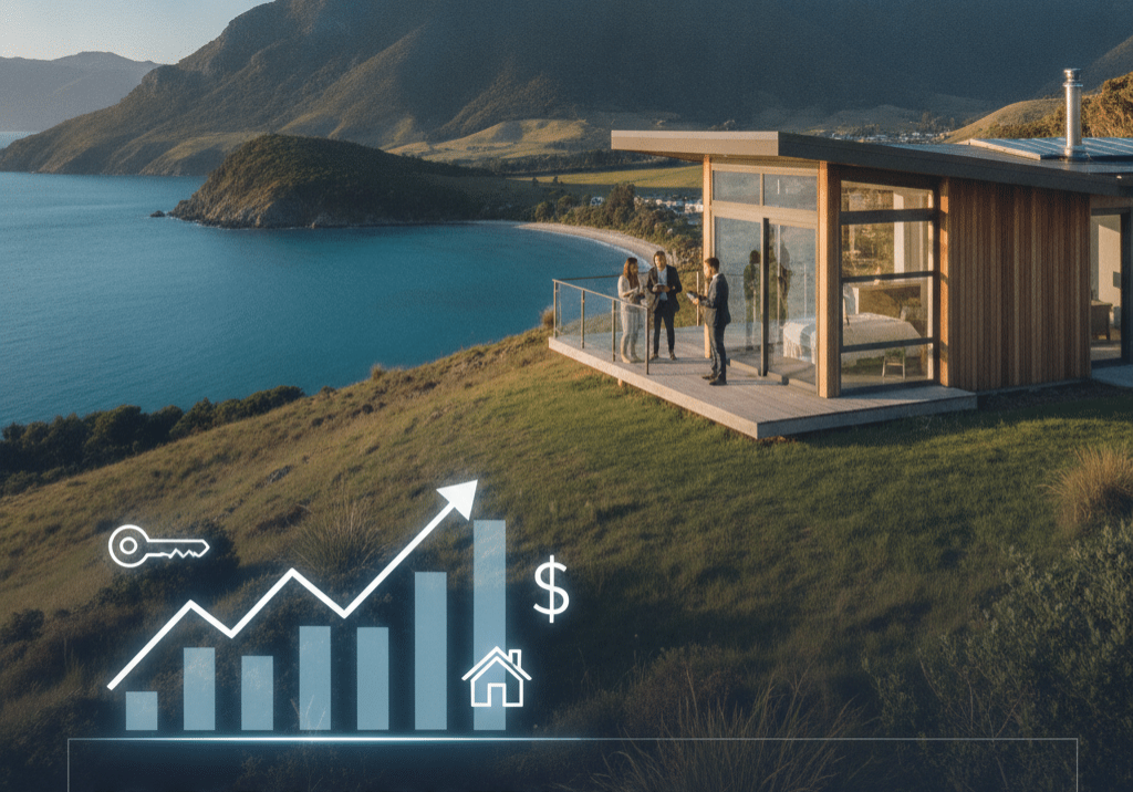 Coastal New Zealand property with people viewing the deck overlooking the sea and mountains, with a rising growth chart, house and key icons representing investing in New Zealand property.