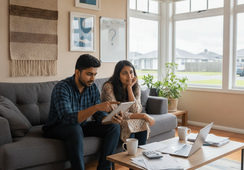 Couple reviewing rental yield calculations on a tablet at home, with a laptop, calculator and papers on the coffee table and a whiteboard behind them reading "Rental Yield?"
