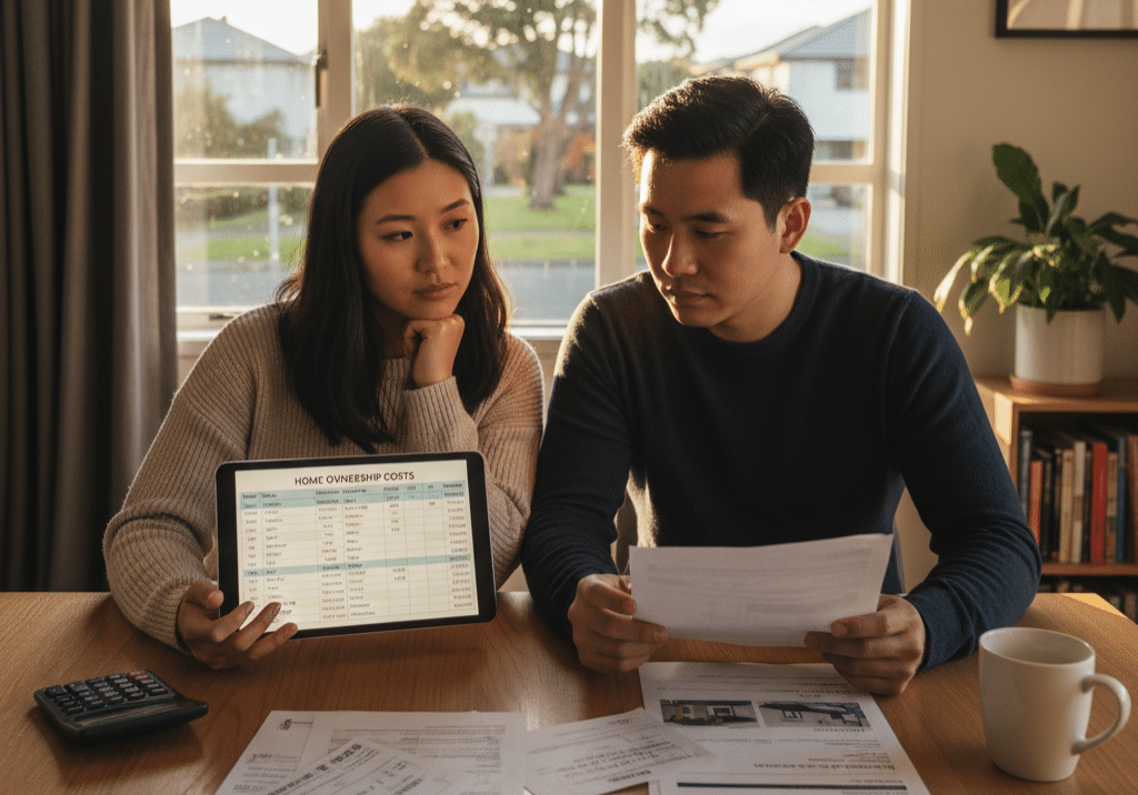 Property investors analysing rental property expenses, including rates, insurance, maintenance, and mortgage costs, to calculate the real cost of owning a rental property.