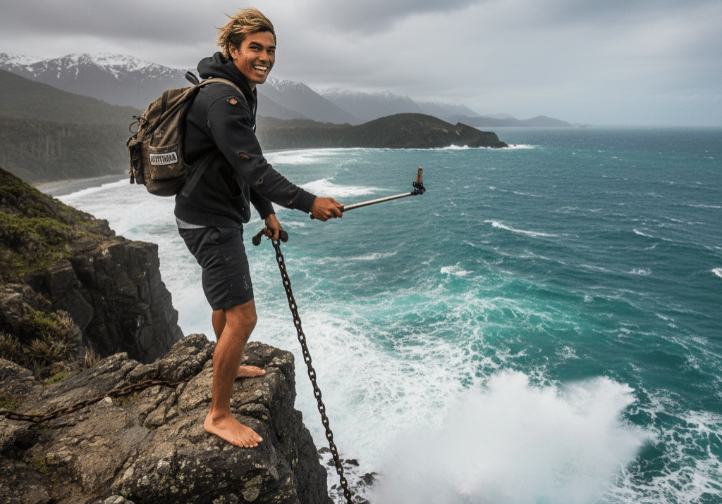 Young man standing barefoot on the edge of a rocky cliff above crashing waves, holding a safety chain with one hand and a selfie stick with the other, smiling for a photo — illustrating a risk-taking moment.