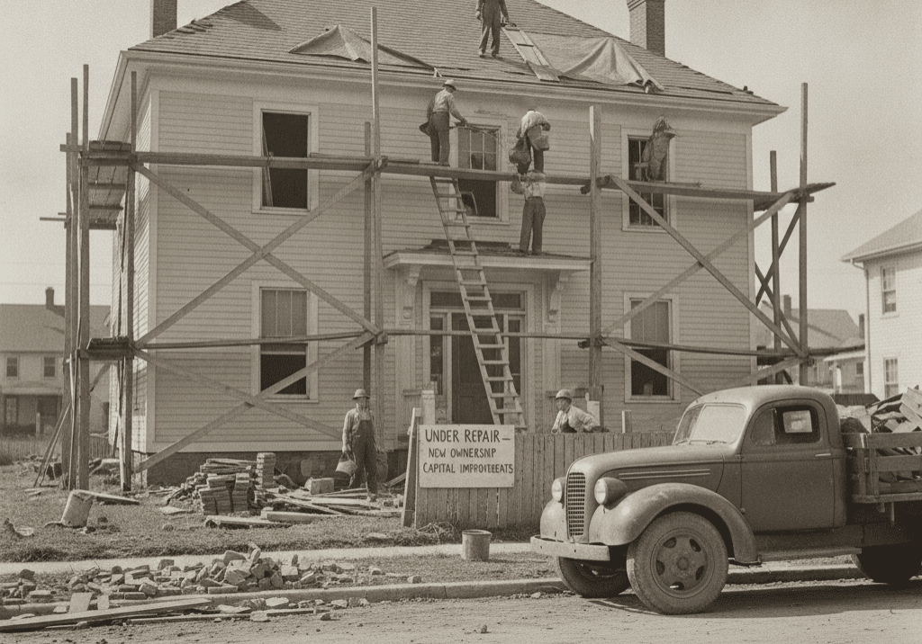 Vintage black-and-white photograph of workers renovating a two-storey house under scaffolding, with a sign reading "Under Repair — New Ownership Capital Improvements" and a loaded truck parked out front — illustrating the distinction between repairs and capital improvements on a newly acquired property.