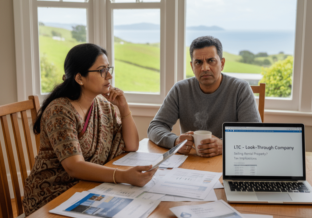 Couple reviewing rental property paperwork at their kitchen table, with a laptop open to a page about LTC – Look-Through Company tax implications for selling rental property.