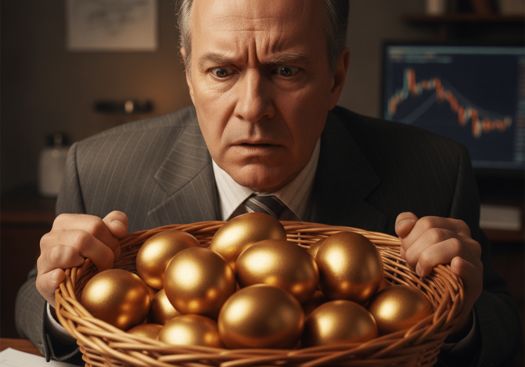 Worried businessman clutching a basket full of golden eggs at his desk, with a stock market chart in the background, illustrating the risk of concentrating all your investments in one basket.