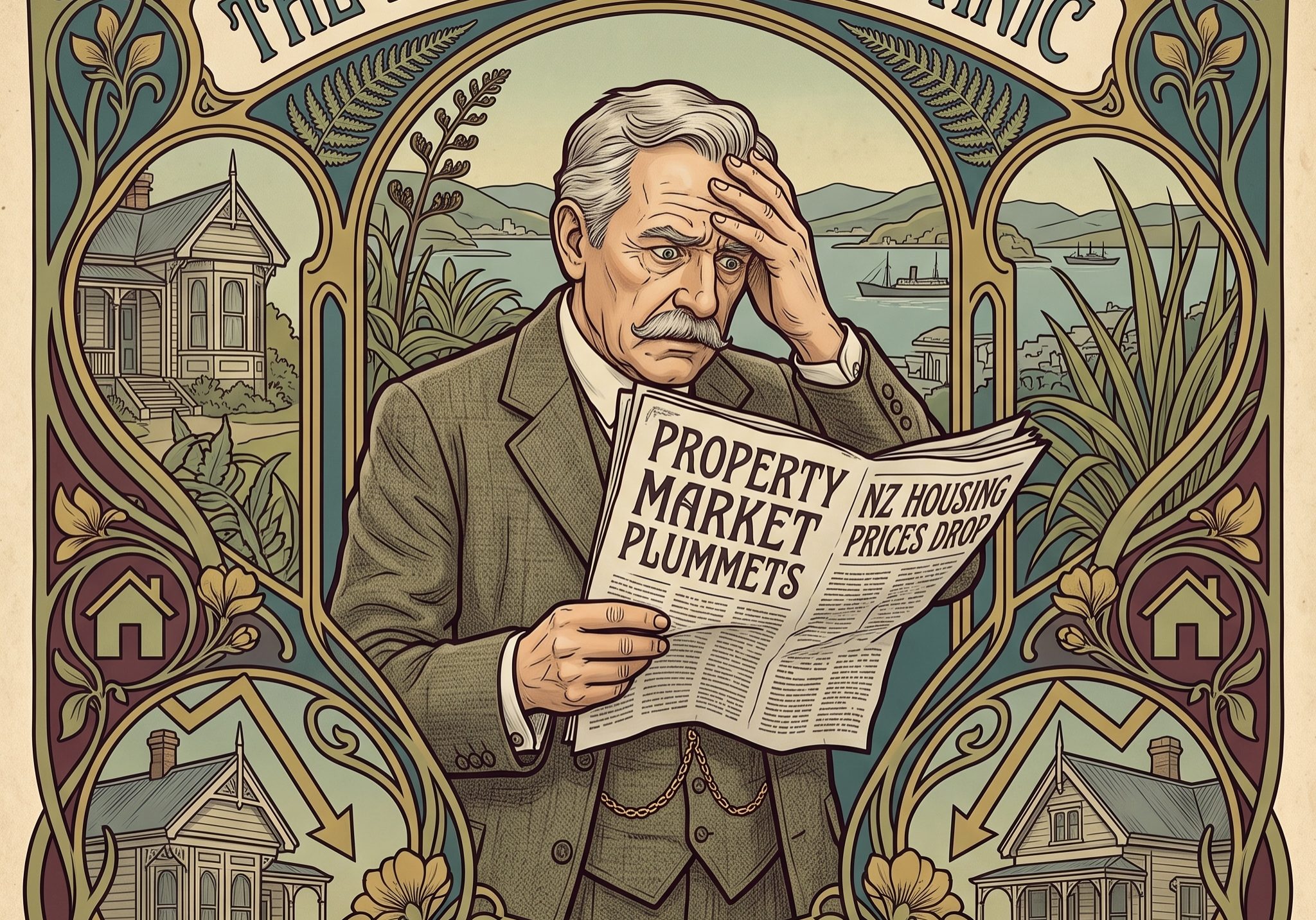 An illustration titled "The NZ Landlord's Panic" showing a worried man reading a newspaper about dropping house prices, perfectly illustrating the question: Property Market Lows — Should Investors Panic? The vintage-style graphic features a distressed property owner surrounded by falling market charts and New Zealand villas.