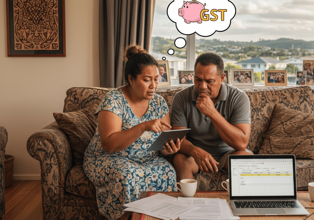 Couple reviewing rental property paperwork and a spreadsheet on a laptop at home, with a thought bubble showing a piggy bank and "GST" representing their question about GST on rental income.