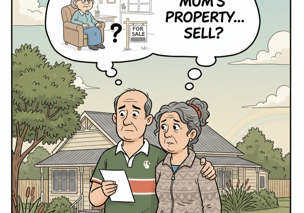 Older couple standing outside a house reviewing paperwork while considering the future care needs of an elderly parent. A thought bubble shows an elderly person, a house with a “For Sale” sign, and the words “Mum’s Property... Sell?”, illustrating concerns about residential care funding, asset ownership, and gifting rules affecting Residential Care Subsidy eligibility.