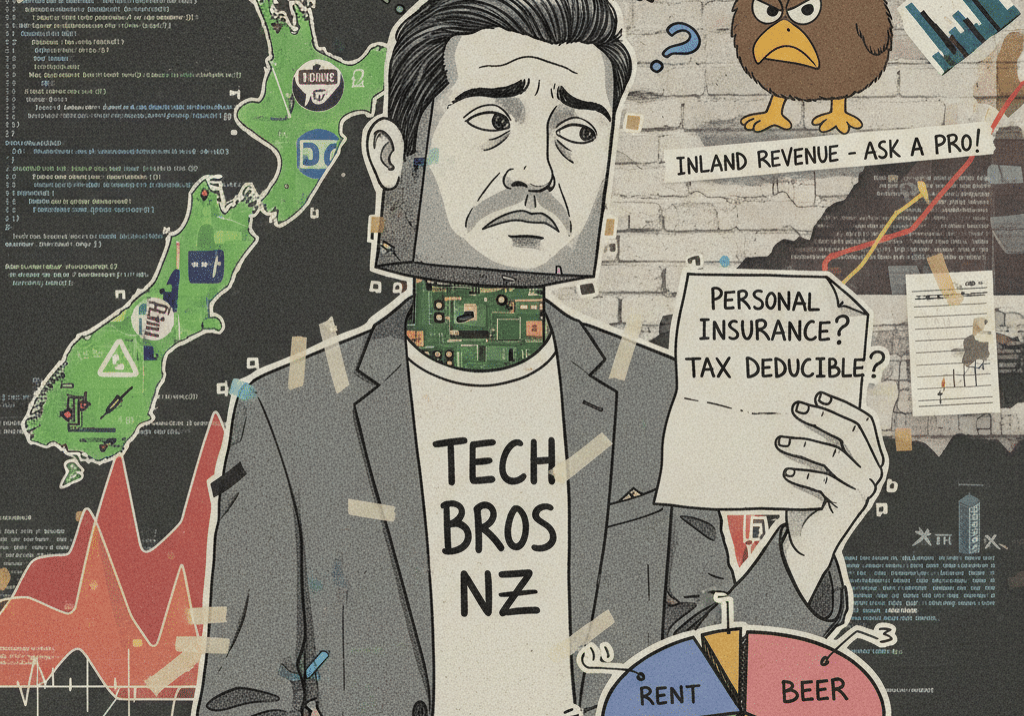 Comic illustration of a worried New Zealand man holding a note asking "Personal Insurance? Tax Deductible?". Features a map of NZ, a pie chart, and an angry kiwi bird in a top hat representing the Inland Revenue Department.