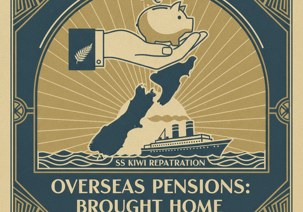 Artwork depicting the transfer of overseas pensions to New Zealand, with a piggy bank, international currency symbols, and a map of New Zealand.
