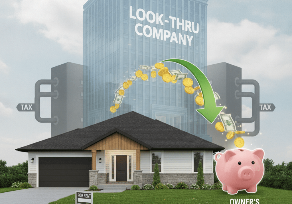 Illustration of a "For Rent" house with money flowing from a Look-Through Company past tax gates into a piggy bank labelled "Owner's Personal Income," showing how LTC rental profit passes through to the owner's personal tax return.