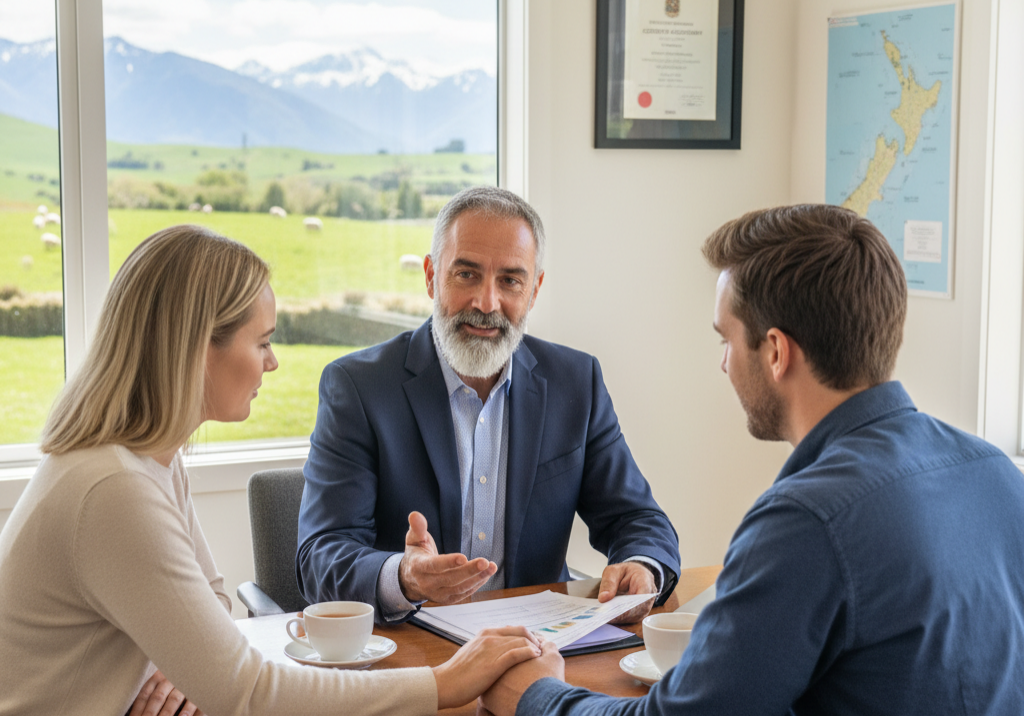 couple discuss with tax accountant about selling property