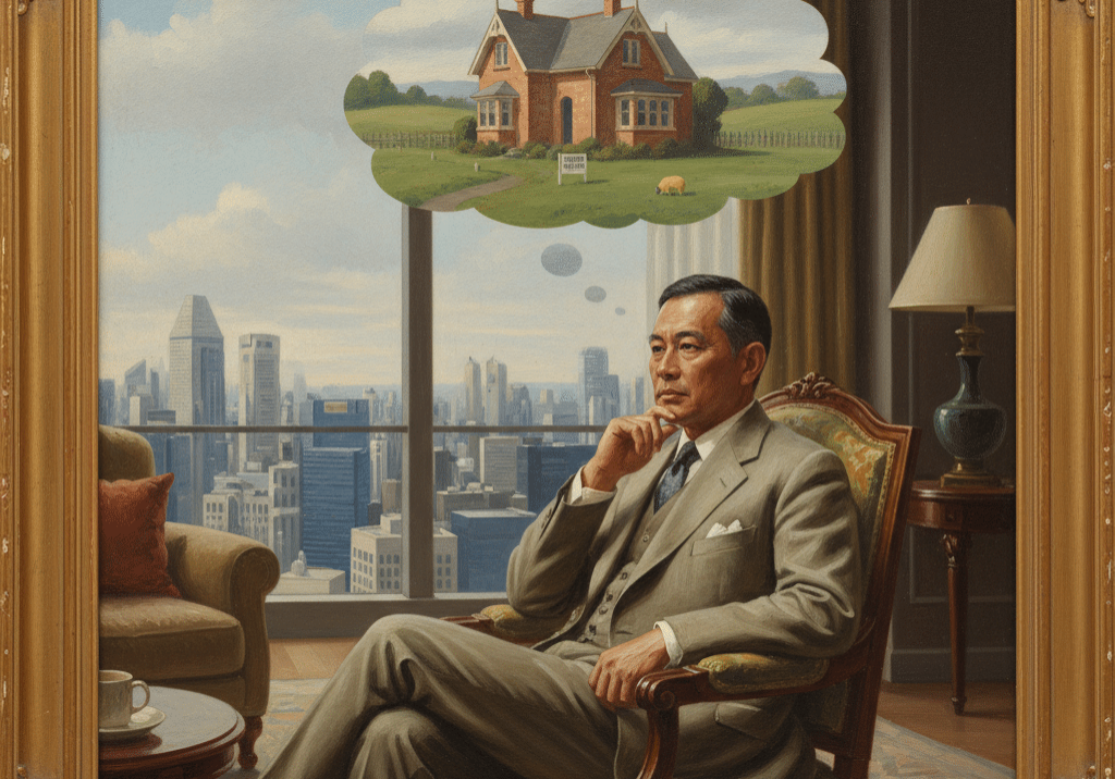 Painting of a man seated in a high-rise apartment overlooking a city skyline, thinking of a New Zealand-style villa with a "For Sale" sign on a rural property — representing a Singapore-based investor considering an NZ rental property.